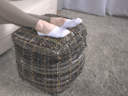 Koki - Handcrafted Fabric Pouf Recycled Denim And Paper Chindi - Khaki