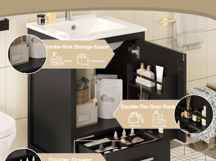 Bathroom Vanity With Ceramic Sink, Soft Close Drawers, Door Organizer, Divider Drawer, Adjustable Foot Pads