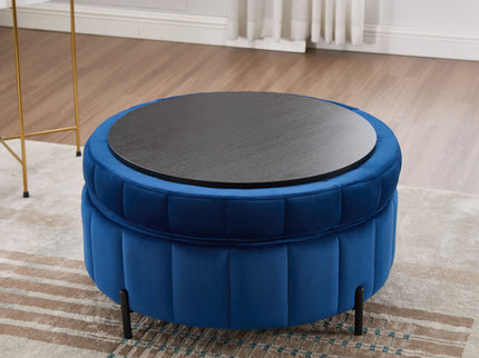 Upholstered Round Ottoman With Reversible Lid, Channel Tufted Pumpkin Shape