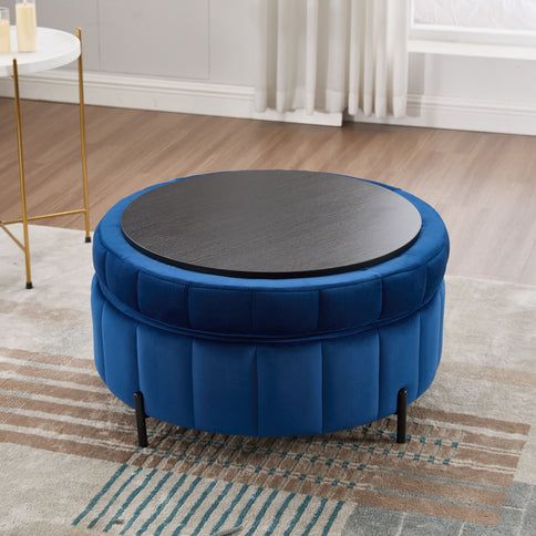 Upholstered Round Ottoman With Reversible Lid, Channel Tufted Pumpkin Shape
