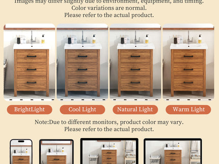 24'' Bathroom Vanity With Basin Sink, 3 Drawer Storage Cabinet - Natural Wood