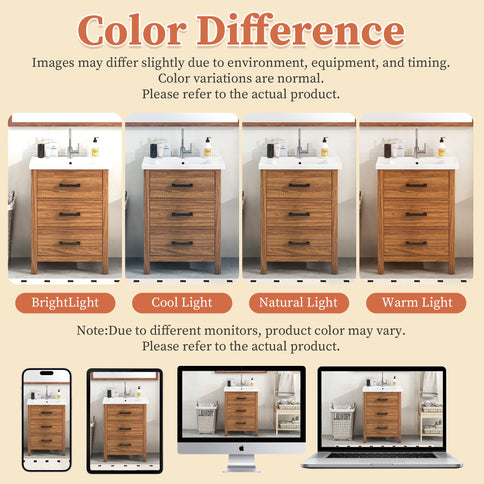 24'' Bathroom Vanity With Basin Sink, 3 Drawer Storage Cabinet - Natural Wood