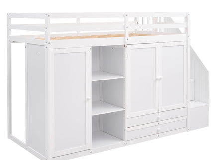 Loft Bed With 3 Shelves, 2 Wardrobes, 2 Drawers, Ladder Storage