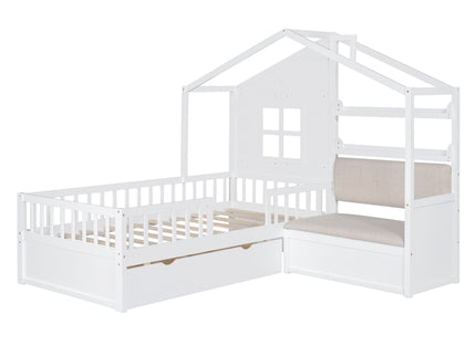 House Bed With Sofa, Kids Platform Bed With 2 Drawers And Storage Shelf