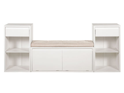 Entryway Storage Bench With Cushion, Drawers & Open Shelves
