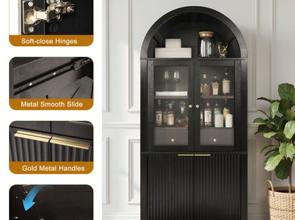 Fluted Tall Arched Pantry Cabinet With Adjustable Shelves, Glass Door & Hidden Drawer For Kitchen