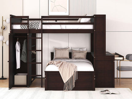 Loft Bed With A Twin Size Standalone Bed, Shelves, Desk, And Wardrobe