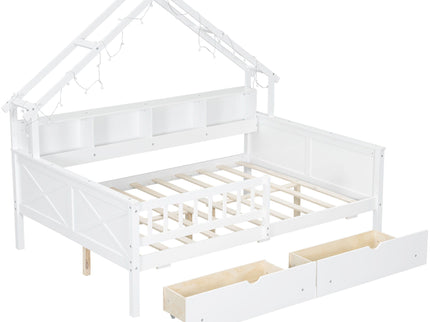 House Style Platform Bed With LED Lights, Storage Shelves, Drawers, And Guardrail