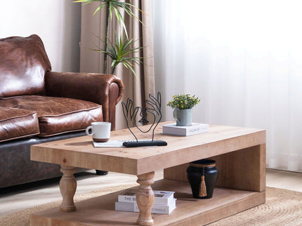 Rustic Solid Wood Coffee Table With Open Shelf, Modern Farmhouse Design - Light Natural / Natural