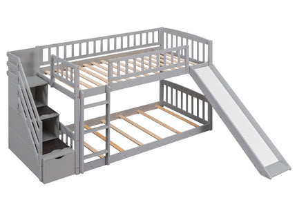 Twin Over Twin Bunk Stairway Bed With 2 Drawers And Slide - Gray