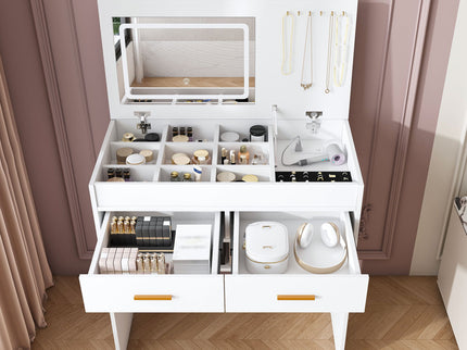 Flip Top Vanity Desk With LED Mirror & Outlet Makeup Table With 2 Drawers, Open Storage, And Jewelry Hooks - White