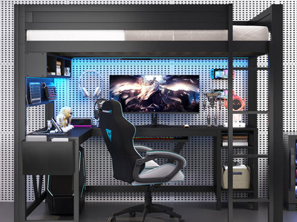 Gaming Loft Bed With Desk, Storage Shelves, LED And Charging Station