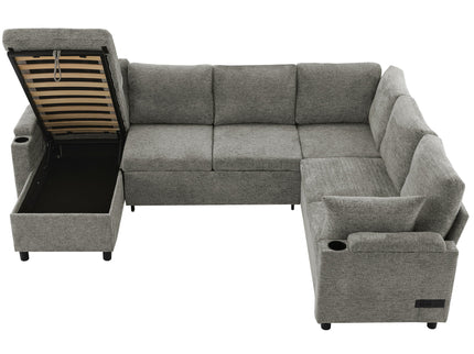 U-Shaped Sectional Sleeper Sofa With Ample Storage Space, 2 Cup Holders And Charging Ports For Living Room