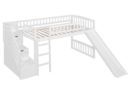 Loft Stairway Bed With 2 Drawers, Convertible Ladder And Slide