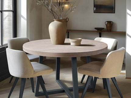 Round Dining Table With Wire Brushed Mindi Top And Mahogany Base - Wheat