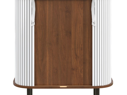 Fluted Wine Bar Cabinet With 8 Grid Wine Rack, 5 Level Adjustable Shelves, 2 Glass Holders