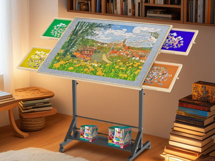 360 Degree Tilting Wooden Puzzle Table With 1500 Pieces, Rolling Design With Adjustable Height, Drawer, And Protective Cover - Black / Natural Wood