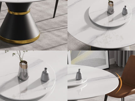 53" Modern Artificial Stone Round Carbon Steel Base Dining Table, Can Accommodate 6 People, Artificial Stone Turntable - White / Black
