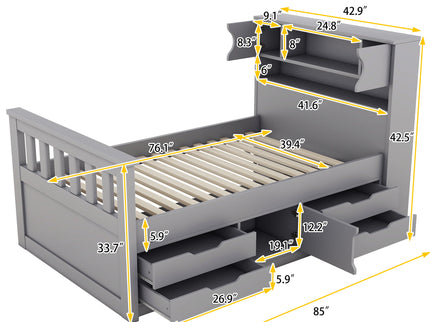 Captain Platform Bed Frame With Storage Bookcases, Shelves, And 4 Drawers