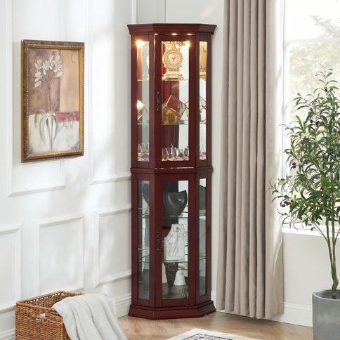 Corner Curio Cabinet With Lights, Adjustable Tempered Glass Shelves, Mirrored Back, Display Cabinet (E26 Light Bulb Not Included)