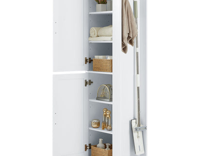 Tall Freestanding Bathroom Storage Cabinet With Adjustable Shelves And Side Hooks