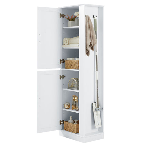 Tall Freestanding Bathroom Storage Cabinet With Adjustable Shelves And Side Hooks