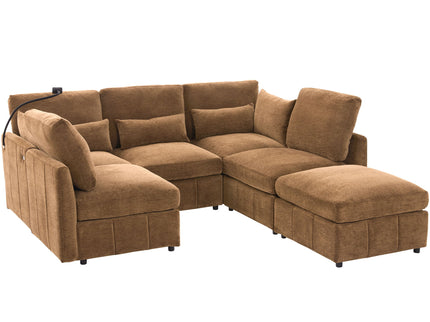 Modern Modular U-Shaped Sofa Bed With Movable Ottoman, USB Ports, Phone Holder