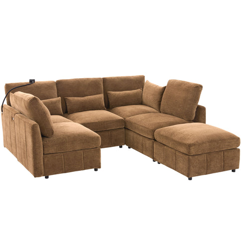 Modern Modular U-Shaped Sofa Bed With Movable Ottoman, USB Ports, Phone Holder