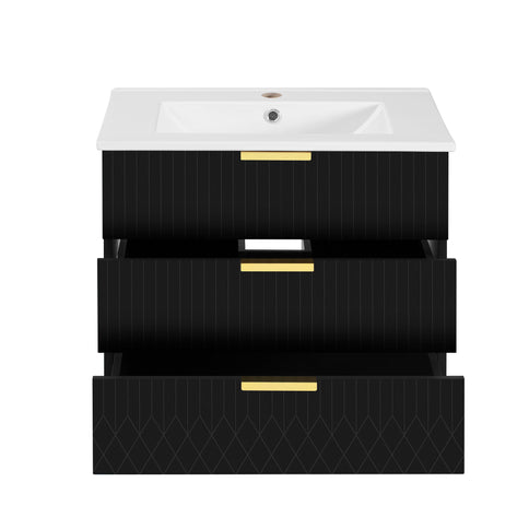 Wall Mounted Floating Cabinet With Double Drawer, Rectangular Sink