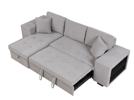 Modern L-Shape 3 Seat Reversible Sectional Couch, Pull Out Sleeper Sofa With Storage Chaise And 2 Stools For Living Room Furniture Set