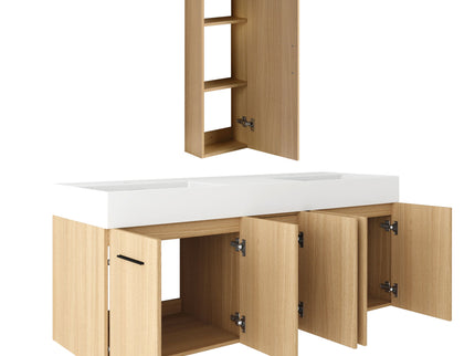 Floating Double Sink Bathroom Vanity Set With Tall Linen Cabinet, Extra Large Storage, Integrated Sink, Soft Close Doors - Glossy White / Light Oak