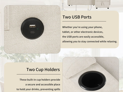 Convertible L Shaped Sofa Couch With Storage, Cup Holders, USB Ports