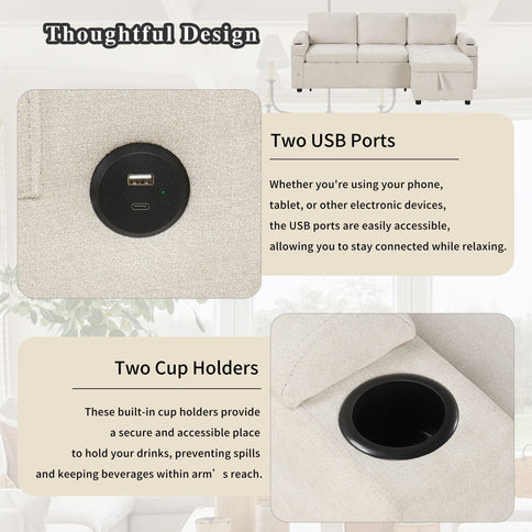 Convertible L Shaped Sofa Couch With Storage, Cup Holders, USB Ports