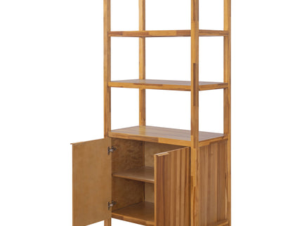 Tall Storage Bookcase Cabinet With 2 Open Shelves & Double Doors, Freestanding Shelving Unit - Natural