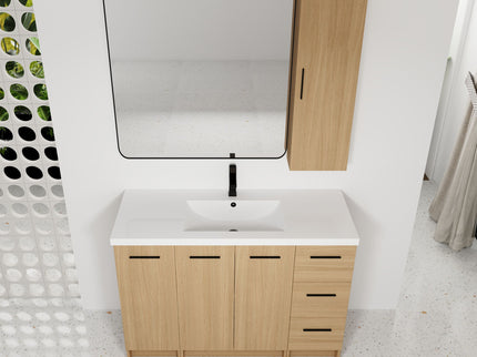 Freestanding Bathroom Vanity Set With Tall Side Cabinet, 3 Drawers And 3 Door Cabinet, Integrated Sink, Large Storage - Glossy White / Light Oak