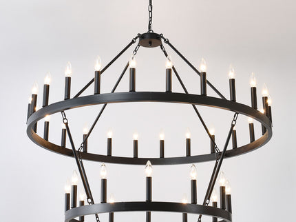 2 Tiers Wagon Wheel Chandelier Wooden Farmhouse 36 Light (24 / 12) Or (12 / 24) Metal Chandeliers 2 Story Light Fixtures Industrial For High Ceiling Living Dining Room Foyer, Adjustable Height - Black