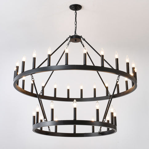 2 Tiers Wagon Wheel Chandelier Wooden Farmhouse 36 Light (24 / 12) Or (12 / 24) Metal Chandeliers 2 Story Light Fixtures Industrial For High Ceiling Living Dining Room Foyer, Adjustable Height - Black