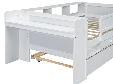 Twin Daybed With Drawers, Trundle, Headboard Storage, Study Desk, And USB Charging Station - White