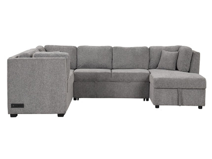 U-Shaped Sectional Sofa Pull Out Sofa Bed With Two USB Ports, Two Power Sockets, Three Back Pillows And A Storage Chaise For Living Room