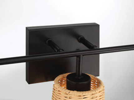 Moonlit - 3 Lights Wall Sconce With Shade, Bathroom Lighting Fixtures Over Mirror - Black / Rattan