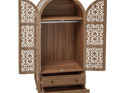 Tall Kitchen Pantry Cabinet With Hollow Carved Doors 2 Drawers And Adjustable Shelves Storage Display Cabinet For Kitchen Dining Room Or Living Room - Walnut