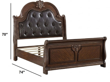 Bed & Carved Padded And Button Tufted Headboard
