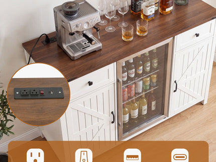 Coffee Bar With Mini Fridge Space & Built In Charging Station, Large Bar Cabinet With Drawers & Adjustable Shelves For Kitchen - White