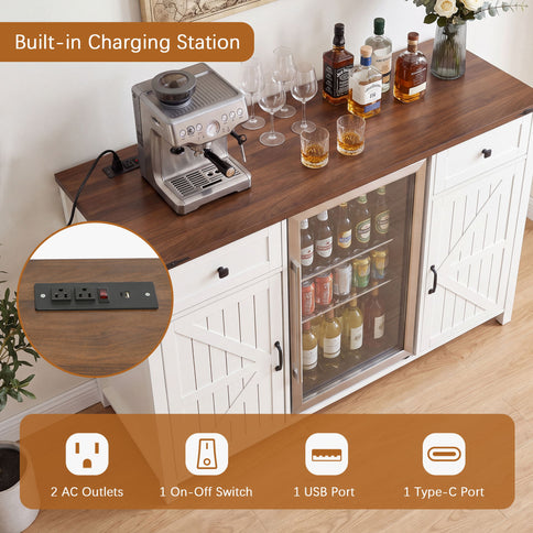 Coffee Bar With Mini Fridge Space & Built In Charging Station, Large Bar Cabinet With Drawers & Adjustable Shelves For Kitchen - White