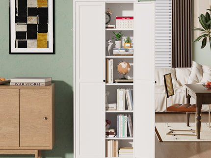 Kitchen Pantry Cabinet With Doors, Heavy-Duty Freestanding Storage Organizer With 5 Adjustable Shelves, Tool Free Assembly - White