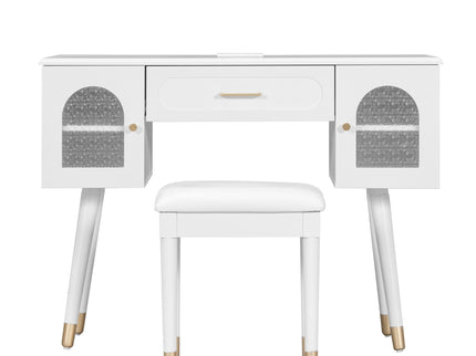 Elegant Vanity Makeup Table & Chair Set Modern Dressing Table With Organizer Writing Desk Charging Port Engineered Wood - White