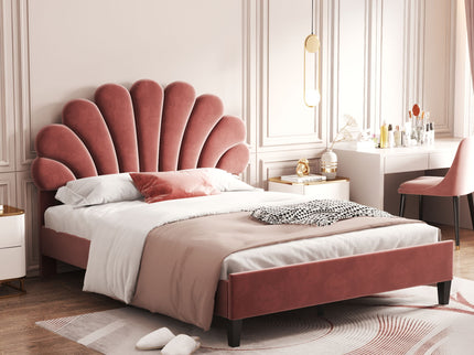 Upholstered Platform Bed With Flower Pattern Headboard