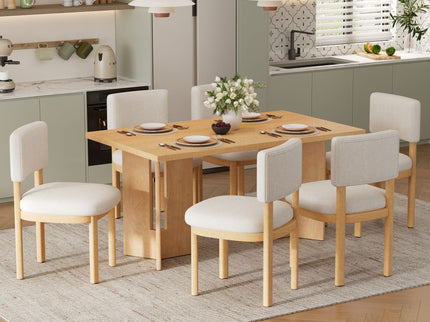 Dining Table Set With 6 Upholstered Chairs, Rectangular Table With Cutout Legs