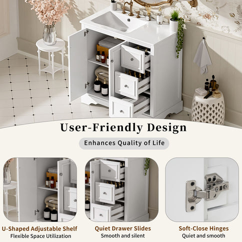 Bathroom Vanity With Sink, Soft-Close Doors, Adjustable U-Shelf, 3 Drawers
