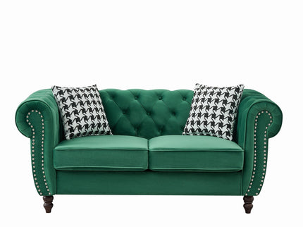 Chesterfield Fabric Sofa With Roll Armrest And Nailhead, Mid Century 2 Seater Couch